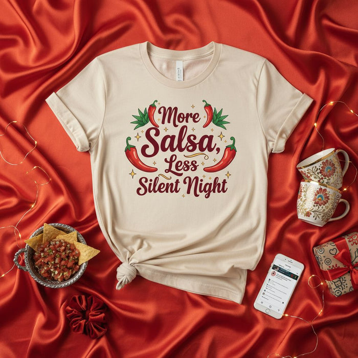 More Salsa Less Silent Night Shirt, Funny Christmas T-Shirt, Mexican Food Lover Holiday Tee, Unisex Xmas Party Apparel, Festive Chili Pepper Graphic Top, Sarcastic Humor Gift for Salsa Fans, Spicy Holiday Season T-shirt.