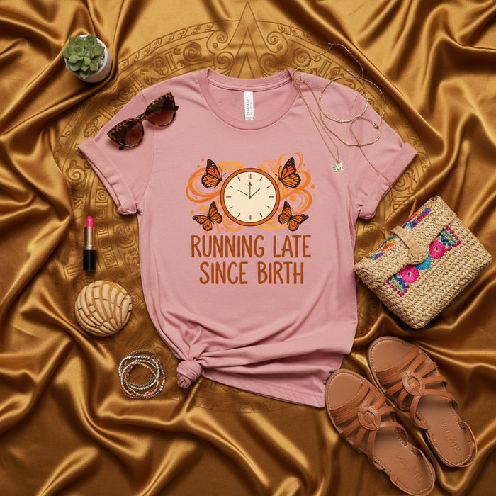 Running Late Since Birth Shirt, Funny Late T-Shirt, Always Running Late Gift, Monarch Butterfly Time Clock Tee, Punctuality Humor Graphic Shirt for Women and Men