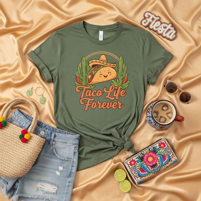 Taco Life Forever Shirt, Funny Cute Cinco de Mayo Fiesta T-Shirt, Happy Taco with Sombrero and Cactus, Mexican Food Lover Gift Tee, Unisex Graphic Top