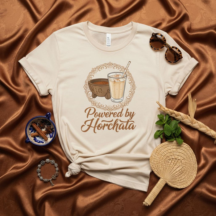Powered by Horchata T-Shirt, Mexican Drink Graphic Tee, Latinx Culture Apparel, Cinnamon Rice Milk Design, Unisex Top for Horchata Lovers