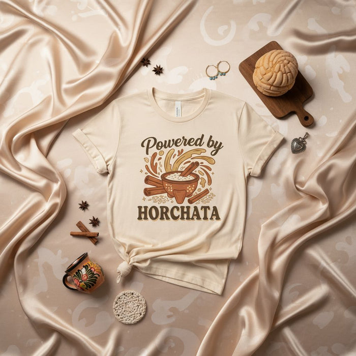 Powered by Horchata T-Shirt, Mexican Drink Shirt, Horchata Lover Gift, Hispanic Food Tee, Cute Cinnamon Rice Milk Beverage Graphic Shirt, Unisex Clothing
