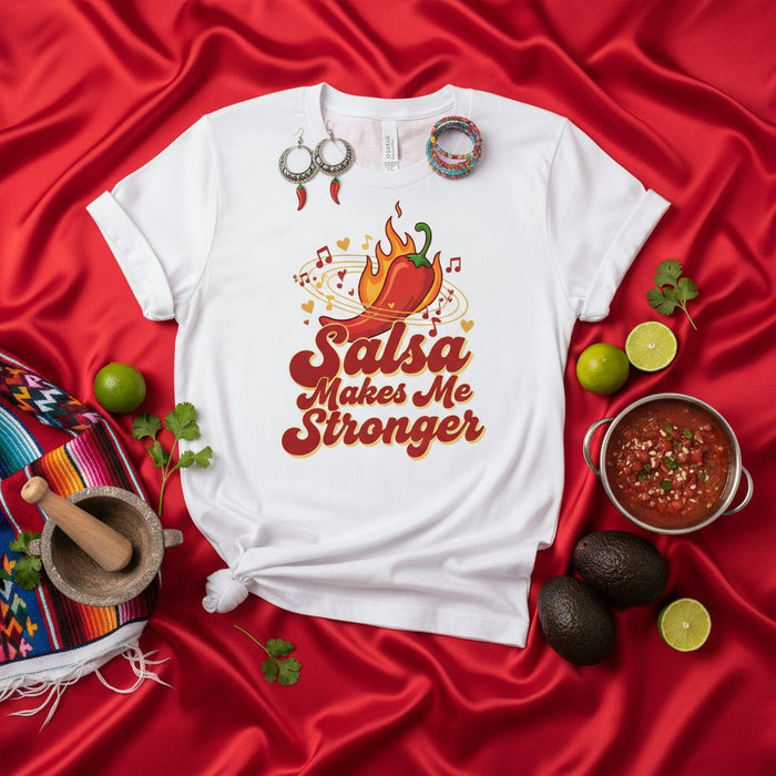 Salsa Makes Me Stronger T-Shirt - Flaming Hot Chili Pepper Design Tee - Spicy Food Lover Gift - Unisex Graphic Top with Music Notes and Hearts