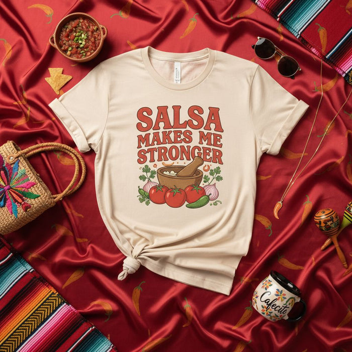 Salsa Makes Me Stronger T-Shirt, Funny Salsa Lover Tee, Cinco de Mayo Mexican Food Shirt, Cooking Gift for Chef, Mortar and Pestle, Tomato, Garlic, Chili Pepper, Unisex Graphic T-Shirt
