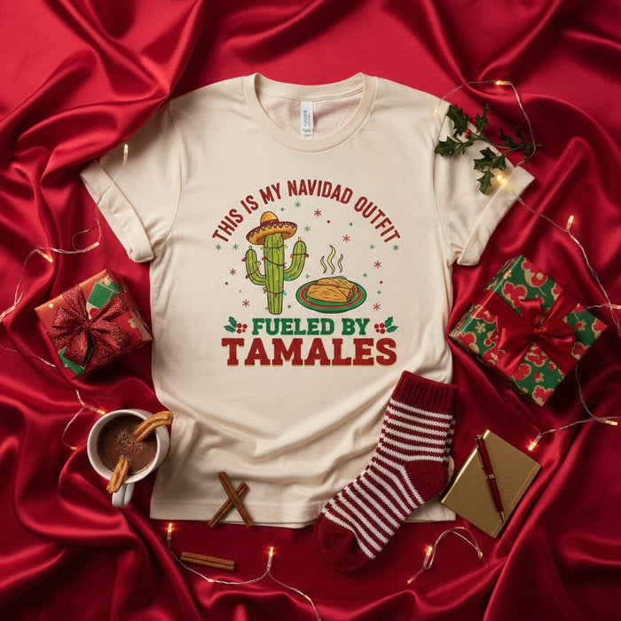 This Is My Navidad Outfit Fueled By Tamales Shirt, Funny Tamale Christmas Tee, Mexican Food Holiday Gift, Cute Cactus Xmas Party T-Shirt, Fiesta Season Apparel