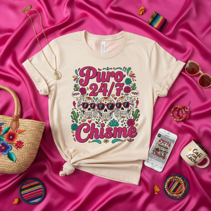 Puro 24/7 Chisme T-Shirt Sugar Skull Dia de Muertos Design, Funny Gossip Tee, Unisex Mexican Folk Art Shirt, Calavera with Sunglasses Graphic Top