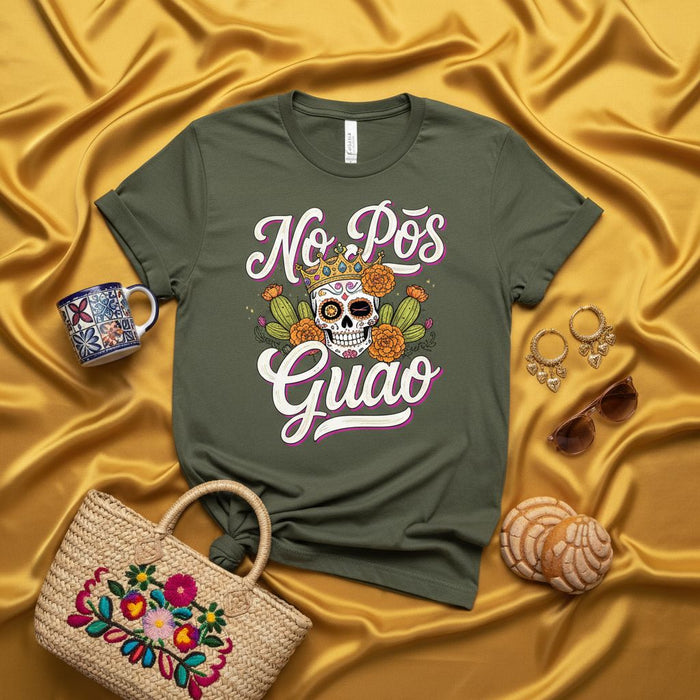 No Pos Guau Calavera Sugar Skull T-Shirt, Día de Muertos Shirt, Unisex Halloween Tee, Funny Spanish Phrase Graphic Shirt, Mexican Culture Gift Idea, Cactus and Marigold Flower Design