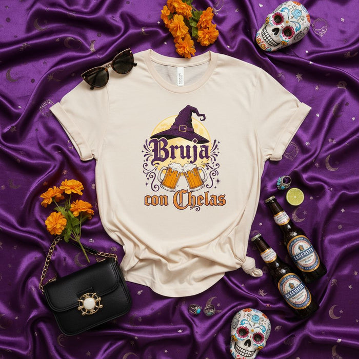Bruja con Chelas T-Shirt, Funny Hispanic Halloween Witch Beer Shirt, Latina Spooky Season Drinking Tee, Spanish Witchcraft Party Gift Idea, Unisex Graphic Top
