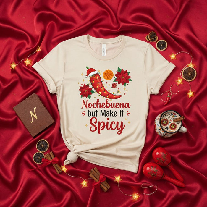 Nochebuena but Make It Spicy T-Shirt - Christmas Chili Pepper Tee with Santa Hat, Poinsettias, and Marigold - Funny Holiday Shirt Gift - Unisex Fiesta Apparel