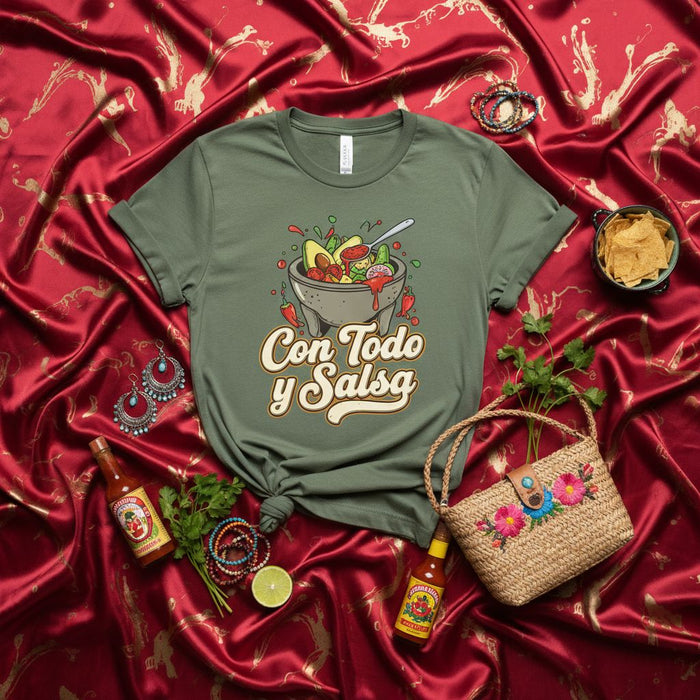 Camiseta Con Todo y Salsa, Camisa de Salsa de Molcajete, Regalo para Foodie Mexicano, Camiseta Gráfica Unisex de Chile Picante para Cocinero o Chef, Ropa para Fiesta de Cinco de Mayo, Diseño Auténtico de Tazón de Salsa
