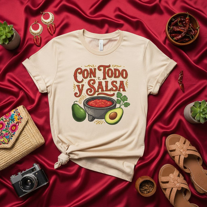Con Todo y Salsa T-Shirt, Funny Mexican Food Avocado Shirt, Guacamole Lover Gift, Spanish Phrase Tee, Hispanic Heritage Month Apparel, Unisex Graphic T-Shirt