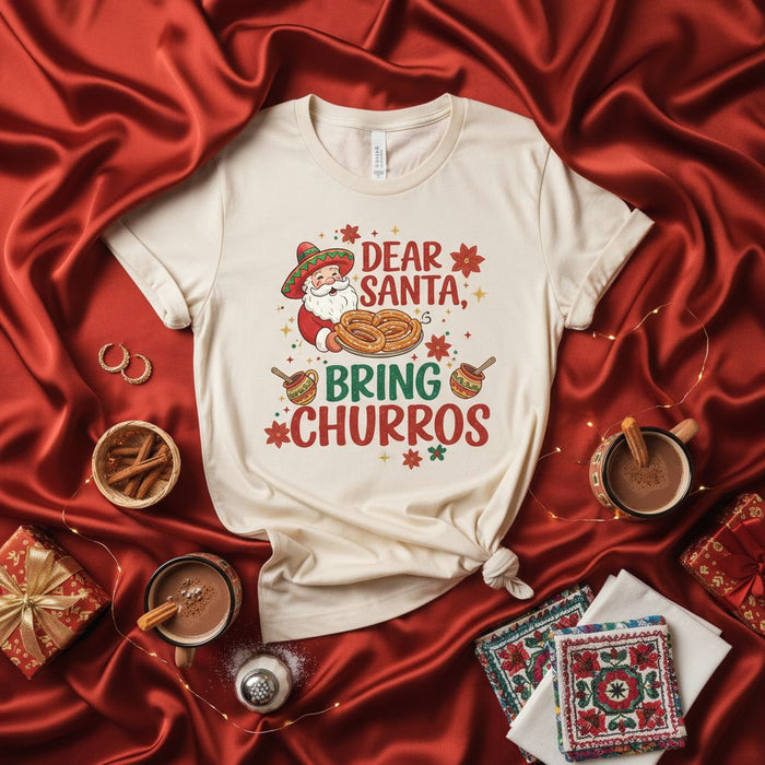 Dear Santa Bring Churros Christmas T-Shirt Unisex, Festive Mexican Santa Claus Tee, Holiday Churro Lover Gift, Funny Xmas Food Graphic Shirt, Beige Softstyle Jersey Knit Short Sleeve Top