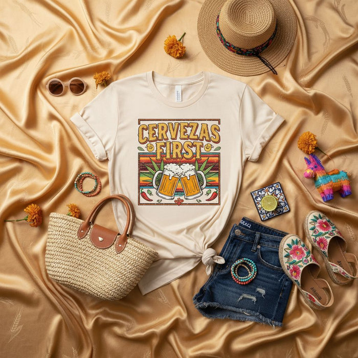Camiseta Cervezas First, Camiseta Divertida de Fiesta, Regalo para Amantes de la Cerveza Mexicana, Camisa de Fiesta de Cinco de Mayo, Top Unisex Gráfico Retro Atardecer