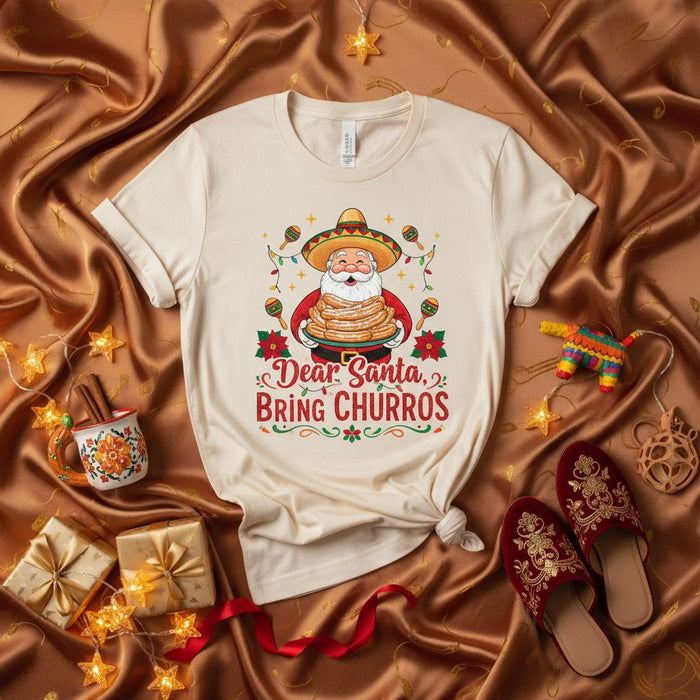 Dear Santa Bring Churros T-Shirt, Funny Mexican Santa Sombrero Christmas Tee, Navidad Holiday Fiesta Shirt, Churro Lover Gift, Festive Xmas Apparel, Unisex Graphic Shirt