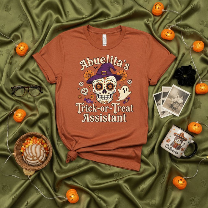 Abuelita's Trick-or-Treat Assistant T-Shirt, Sugar Skull Halloween Tee, Dia de los Muertos Costume Helper Shirt, Fun Hispanic Grandma Trick or Treating Gift Idea for Fall Holiday Celebration