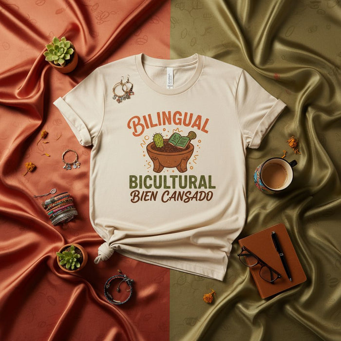 Bilingual Bicultural Bien Cansado Shirt, Funny Spanish Quote T-Shirt, Molcajete with Book and Cactus Graphic Tee, Exhausted Bilingual Life Humor, Cultural Identity Gift, Unisex Adult Apparel