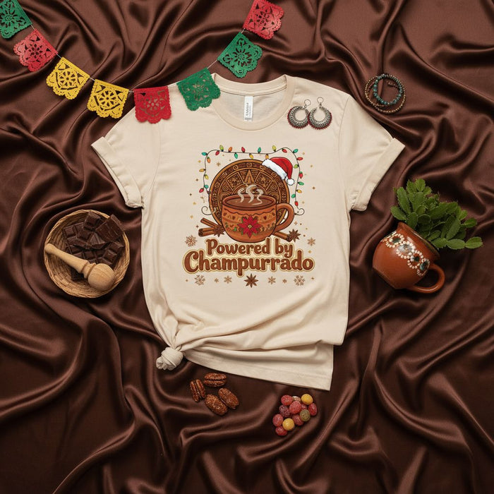 Powered by Champurrado Christmas T-Shirt, Aztec Hot Chocolate Drink Holiday Tee, Mexican Food Lover Gift, Warm Winter Season Shirt, Unisex Short Sleeve.