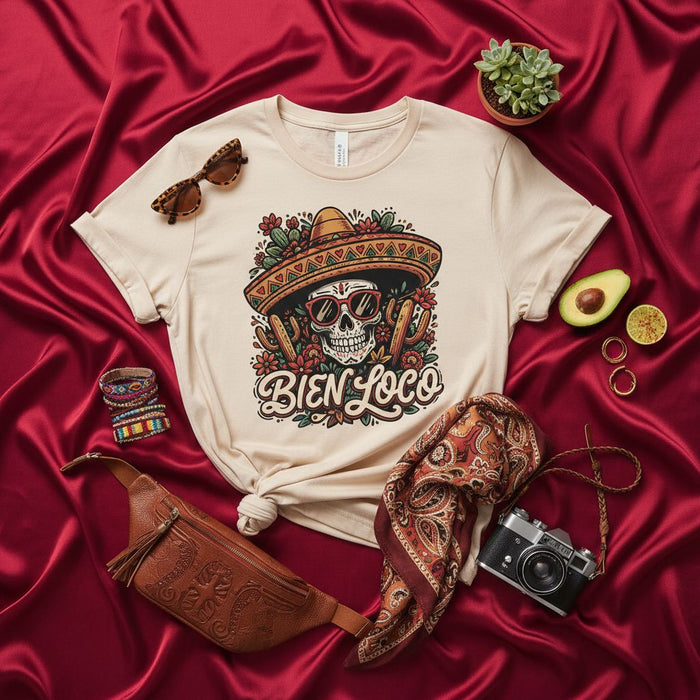 Camiseta Bien Loco Calavera de Azúcar Sombrero Día de Muertos Estampado Cactus Arte Popular Mexicano Unisex Ropa Festival Fiesta