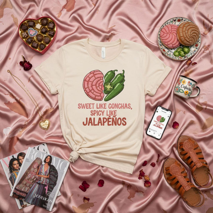 Maglietta Dolce Come Conchas Piccante Come Jalapeños | Divertente Gioco di Parole Cibo Ispanico | Stampa Pan Dulce & Peperoncino Messicano | Simpatica Maglia Umoristica Latinx | Top Manica Corta Unisex