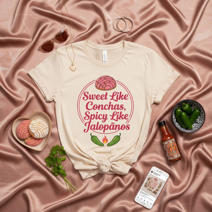 Sweet Like Conchas Spicy Like Jalapeños T-Shirt | Mexican Foodie Pan Dulce Tee | Hispanic Heritage Gift | Funny Latina Concha Lover Shirt