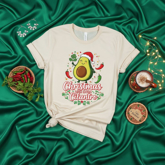 Christmas with Extra Cilantro Funny Avocado Santa T-Shirt, Cute Mexican Food Holiday Tee, Festive Guacamole Chili Pepper Christmas Gift Shirt, Unisex Men's Women's Soft Cream Graphic Top