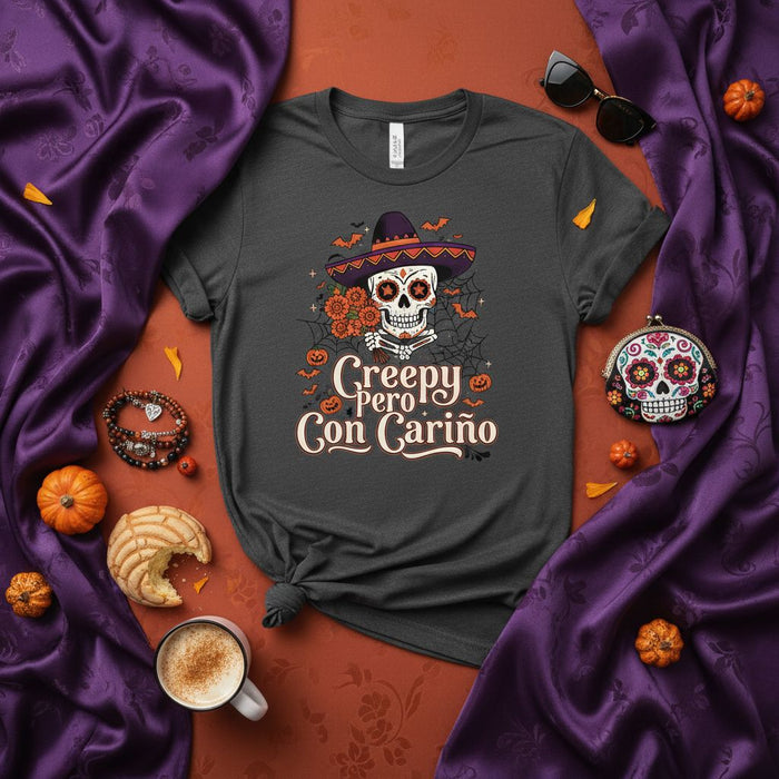 Creepy Pero Con Cariño Day of the Dead Sugar Skull T-Shirt, Unisex Dia de Muertos Mariachi Skeleton Tee, Spooky Halloween Graphic Shirt, Spanish Phrase Shirt, Calavera with Sombrero T-Shirt Gift