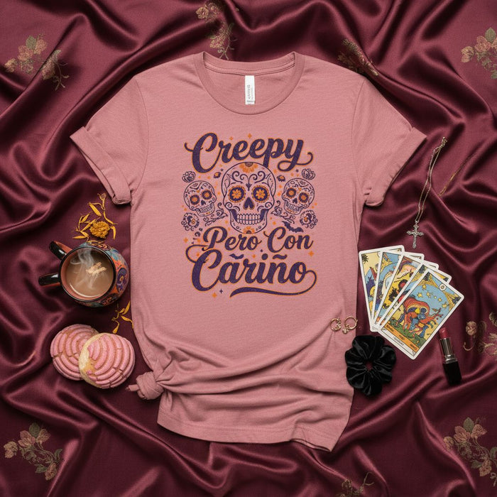 Creepy Pero Con Cariño Day of the Dead Sugar Skull T-Shirt, Spooky Cute Latinx Unisex Halloween Shirt, Dia de Muertos Calavera Tee Gift