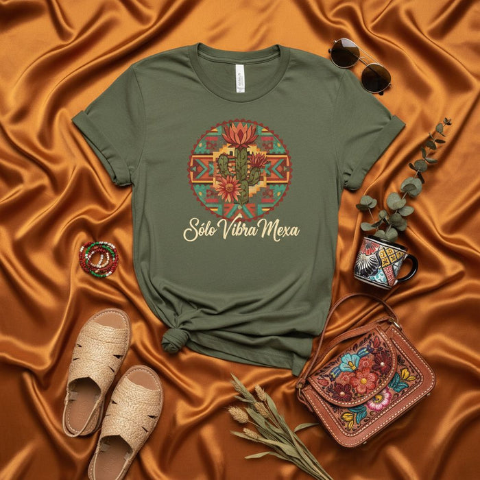 Sólo Vibra Mexa Cactus T-Shirt, Mexican Aztec Print Desert Floral Tee, Spanish Phrase Southwest Vibe Unisex Shirt, Cultura Latina Gift Top
