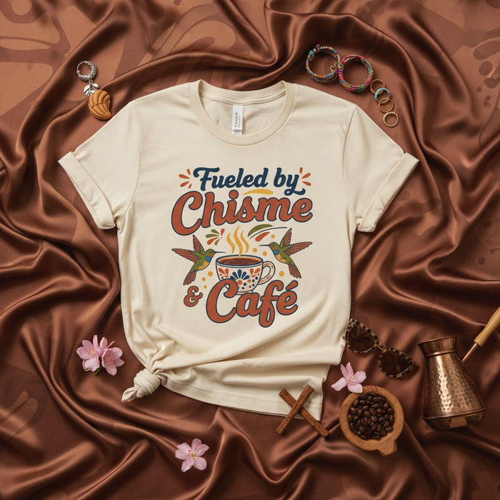 Camiseta Unisex Alimentado por Chisme y Café, Camisa de Colibrí, Camiseta Latina Divertida, Regalo Chismosa, Camisa Hispana Retro, Camiseta Spanglish para Mujer y Hombre