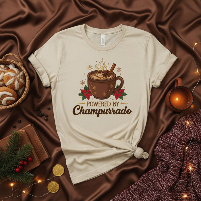 Powered by Champurrado Christmas T-Shirt, Hot Chocolate Mug with Poinsettias, Winter Holiday Unisex Tee, Mexican Drink Gift Idea