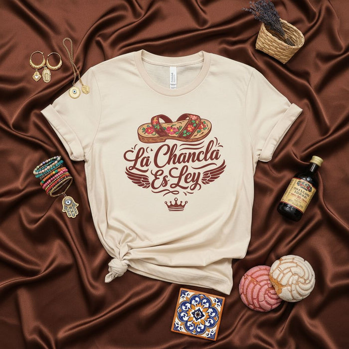 La Chancla Es Ley T-Shirt, Funny Hispanic Mom Gift, Latino Culture Spanish Flip Flop Tee, Casual Unisex Graphic Top with Concha and Mosaic Tile Print