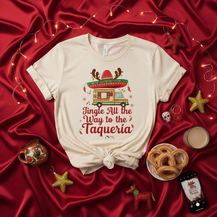 Jingle All the Way to the Taqueria Funny Christmas T-Shirt, Mexican Food Truck Tee with Sombrero and Reindeer Antlers, Holiday Humor Taco Lover Gift, Festive Unisex Graphic Shirt