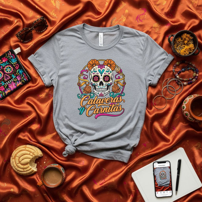 Calaveras y Carnitas Day of the Dead Sugar Skull T-Shirt, Funny Mexican Food and Dia de Muertos Graphic Tee, Unisex Fall Holiday Shirt with Marigolds and Floral Design