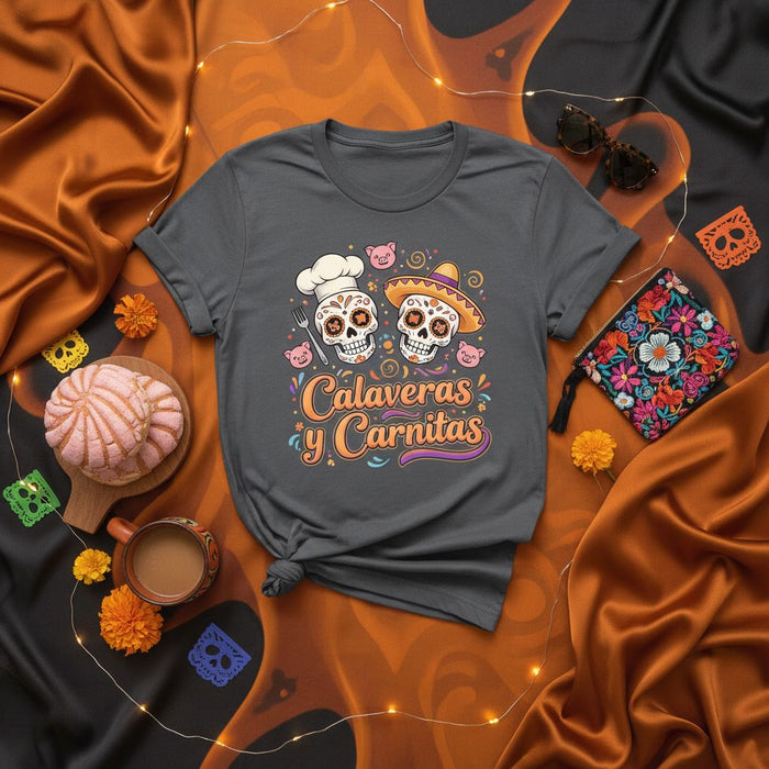 Calaveras y Carnitas Day of the Dead Shirt, Mexican Food Calavera Chef T-Shirt, Sugar Skull Pig Dia de Muertos Cook Tee, Unisex Graphic Print Gift for Foodie.