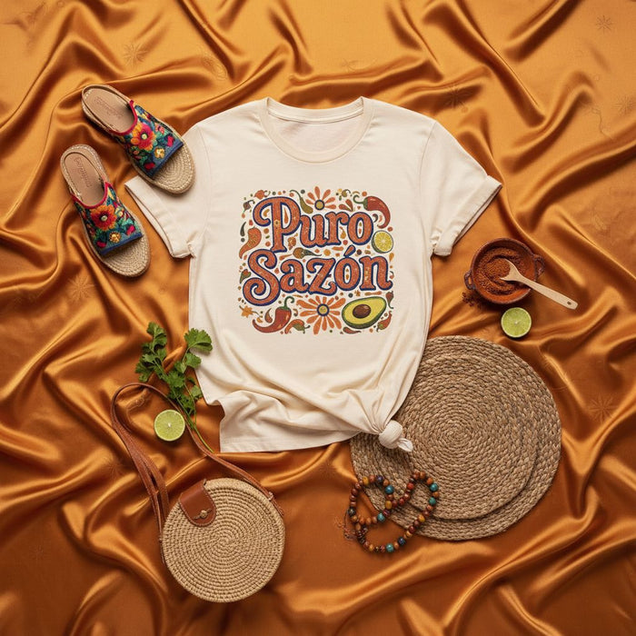 Puro Sazón T-Shirt, Groovy Retro Spices Avocado and Lime Graphic Tee, Unisex Hispanic Food Lover Gift, Mexican Heritage Shirt, Vibrant Boho Style Apparel