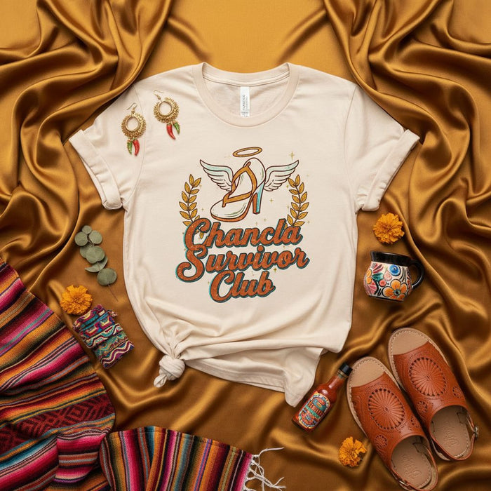 Chancla Survivor Club T-Shirt, Funny Hispanic Latina Culture Gift Tee, Loofah Sandal Humor, Latinx Mom Abuela Spanish Quote Shirt, Unisex Adult Graphic T-shirt