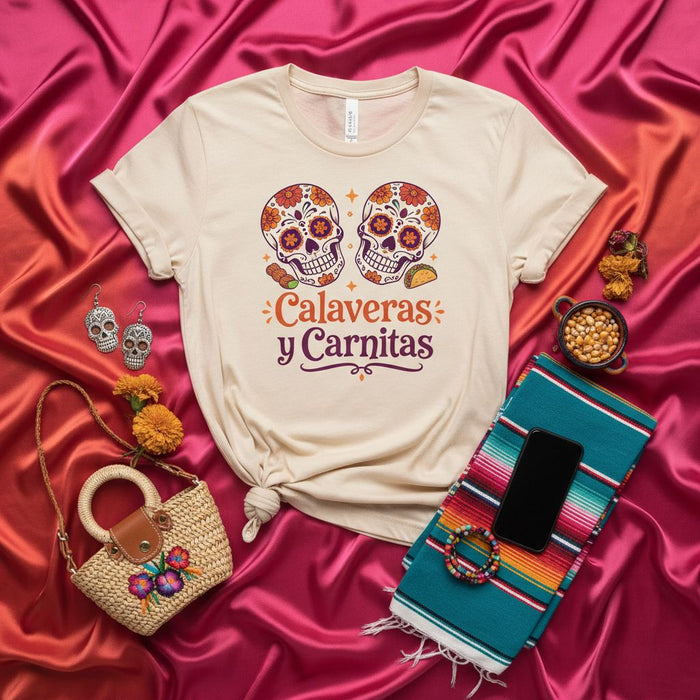 Calaveras y Carnitas Day of the Dead Sugar Skulls T-Shirt, Unisex Dia de Muertos Graphic Tee with Tacos and Flowers, Traditional Mexican Culture Apparel Gift for Men and Women