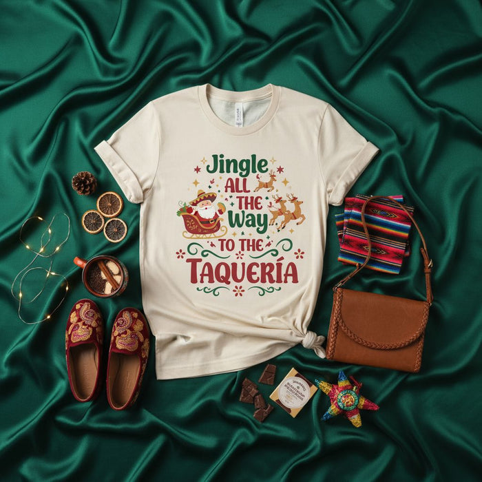 Camicia Jingle All the Way to the Taquería, Maglietta divertente Babbo Natale Slitta Renna di Natale, Maglietta Festiva Cibo Messicano, Abbigliamento Unisex per amanti dei Taco, Outfit Fiesta Natalizia Spanglish