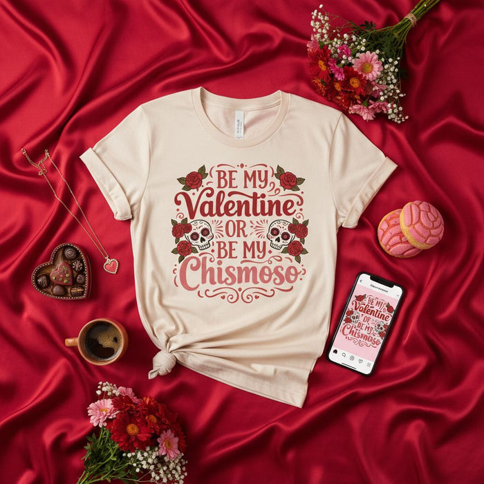 BE MY VALENTINE OR BE MY CHISMOSO T-Shirt, Día de San Valentín Shirt, Funny Skull Rose Graphic Tee, Spanish English Mixed Text Valentine's Day Gift