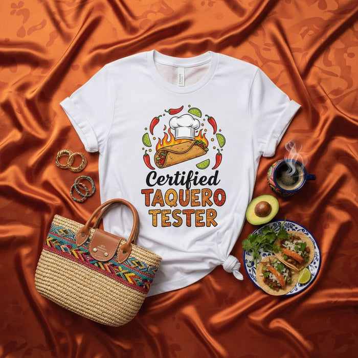 Certified Taquero Tester T-Shirt, Funny Taco Lover Shirt, Mexican Food Humor Tee, Chef Hat Flame Taco Graphic, Taquería Gift for Men & Women, Unisex Hispanic Cuisine Apparel
