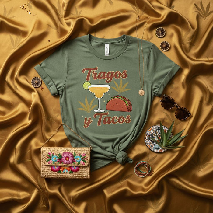 Camiseta Tragos y Tacos: Camiseta divertida en español de cóctel, margarita y fiesta, camiseta para amantes de la comida mexicana, regalo de camisa gráfica unisex para Cinco de Mayo