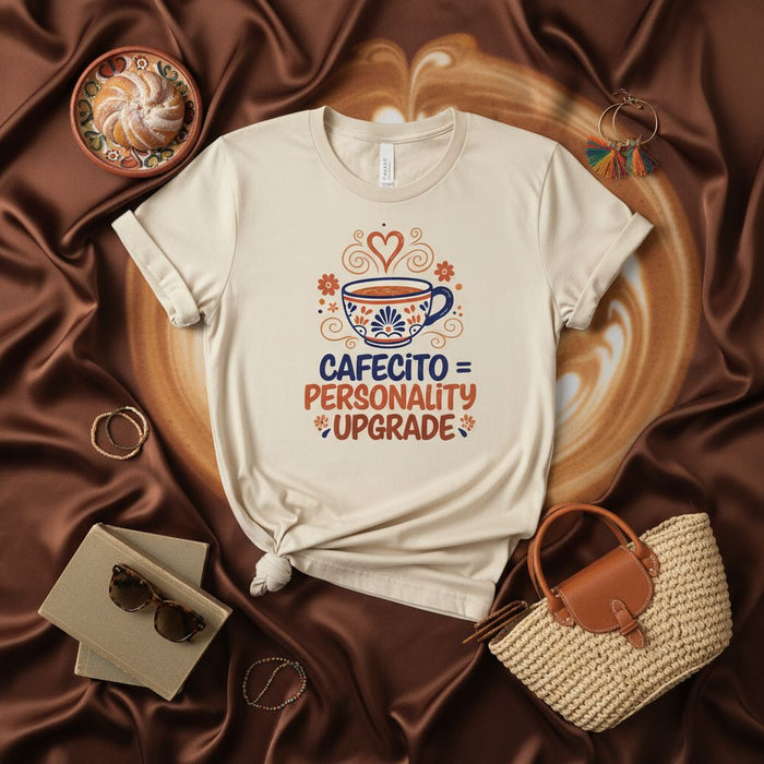 CAFECITO = PERSONALITY UPGRADE T-Shirt, Coffee Lovers Tee, Spanish Slang Caffeine Shirt, Cute Floral Mug Design, Unisex Gift for Her or Him, Latinx Culture Apparel