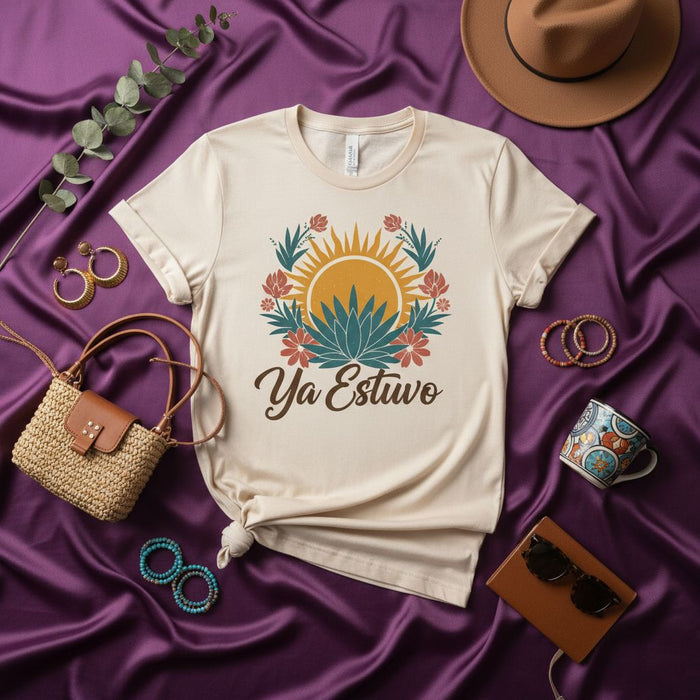 Ya Estuvo Boho Sun and Agave Floral Graphic T-Shirt | Retro Desert Sunrise Unisex Tee | Spanish Phrase Shirt | Aesthetic Botanical and Western Style Top for Men Women