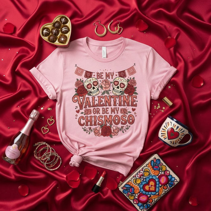 BE MY VALENTINE OR BE MY CHISMOSO - Funny Valentine's Day Sugar Skull T-Shirt, Mexican-Themed Valentine Shirt, Spanglish Holiday Tee with Roses for Her/Him, Cute Galentine's Gift Idea (Unisex)