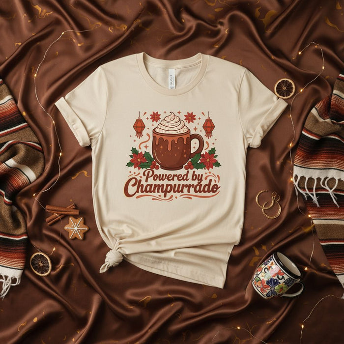 Powered by Champurrado T-Shirt, Mexican Hot Chocolate Tee, Christmas Holiday Drink Shirt, Winter Comfort Food Apparel, Poinsettia Graphic Top