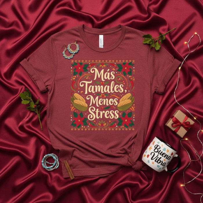 Más Tamales Menos Stress Shirt, Funny Christmas Tamale T-Shirt, Holiday Spanish Quote Tee, Poinsettia Graphic Food Lover Gift, Latina Abuela Cooking Xmas Top for Women Men
