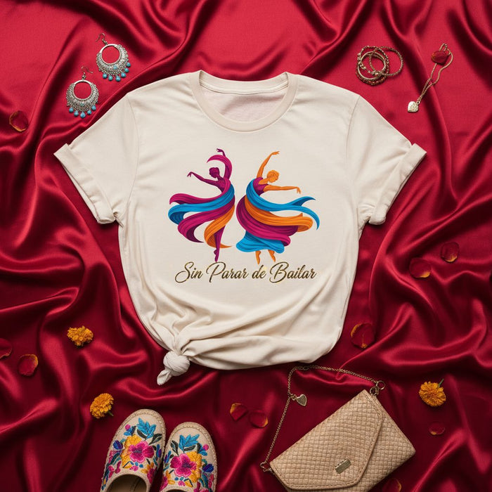 Camiseta Sin Parar de Bailar: Playera de Mujeres Bailando Vibrantes, Ropa Inspirada en el Baile Latino, Camisa Unisex con Gráfico de Vestido Fluido, Regalo para Bailarinas