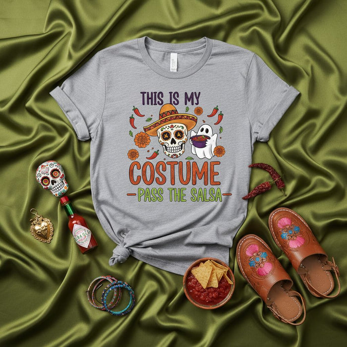 This Is My Costume Pass The Salsa Shirt, Day of the Dead Sugar Skull Sombrero Ghost Halloween Tee, Funny Mexican Fiesta Party Unisex T-Shirt