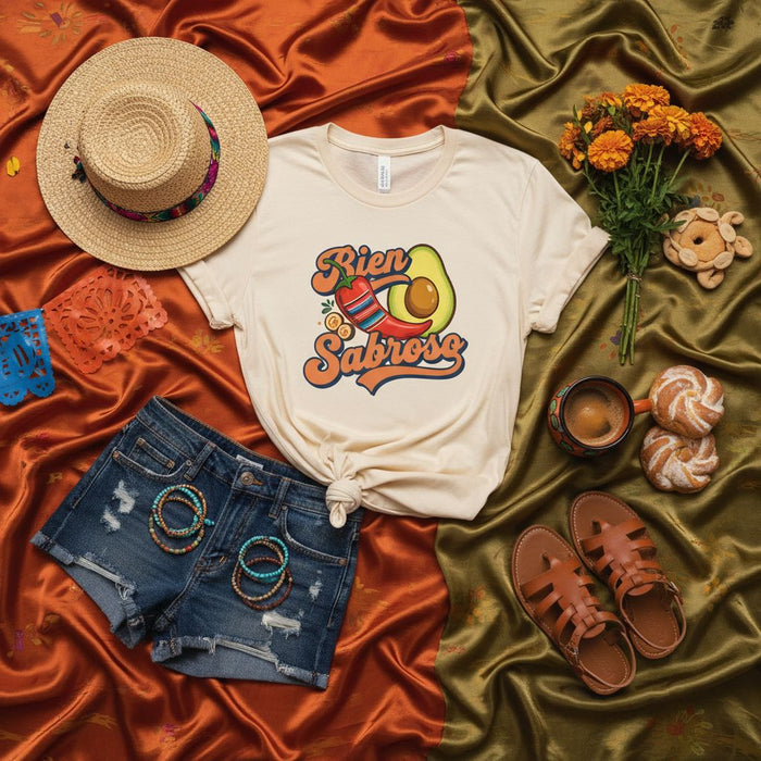 Bien Sabroso T-Shirt with Avocado Chili Pepper Design, Fun Spanish Foodie Tee, Unisex Summer Vacation Shirt, Casual Denim Shorts Outfit Top, Graphic Print Apparel Gift Idea