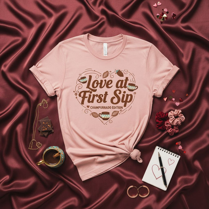 Maglietta Edizione Champurrado Amore al Primo Sorso, Maglia Cioccolata Calda Messicana, Regalo San Valentino per Amante Cacao, T-Shirt Unisex con Gioco di Parole, Top Grafico Cuore Carino