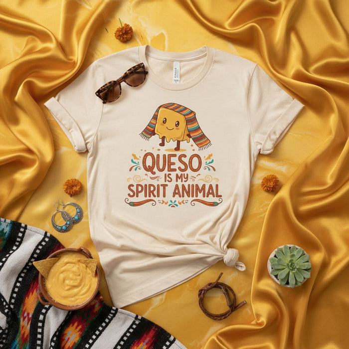 Queso is My Spirit Animal T-Shirt, Funny Cheese Dip Lover Tee, Melting Queso Wearing Serape Shirt, Mexican Food Humor Unisex Apparel, Spanish Phrase Graphic Top